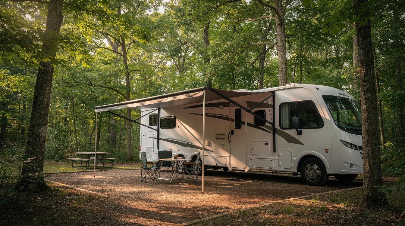 An RV is parked at a shaded campsite surrounded by trees, with its awning extended to provide additional shade. This setup is ideal for enjoying the outdoors while ensuring the RV's AC system, including the air conditioner and fan motor, operates efficiently in warm weather.