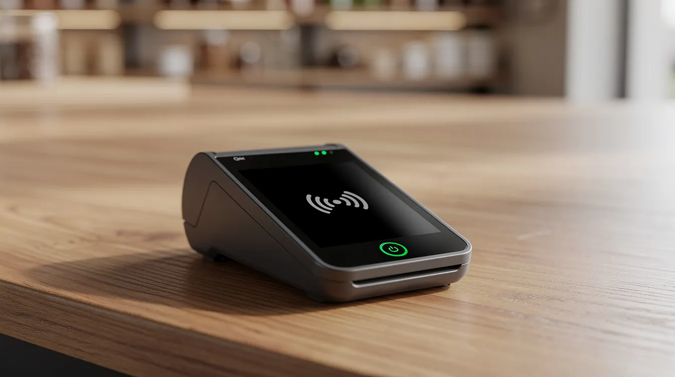 A contactless card payment terminal is positioned on a wooden shop counter, ready for customers to make secure payments. This device allows small business owners to effortlessly manage transactions and monitor sales trends, ensuring a reliable experience for both users and their customers.