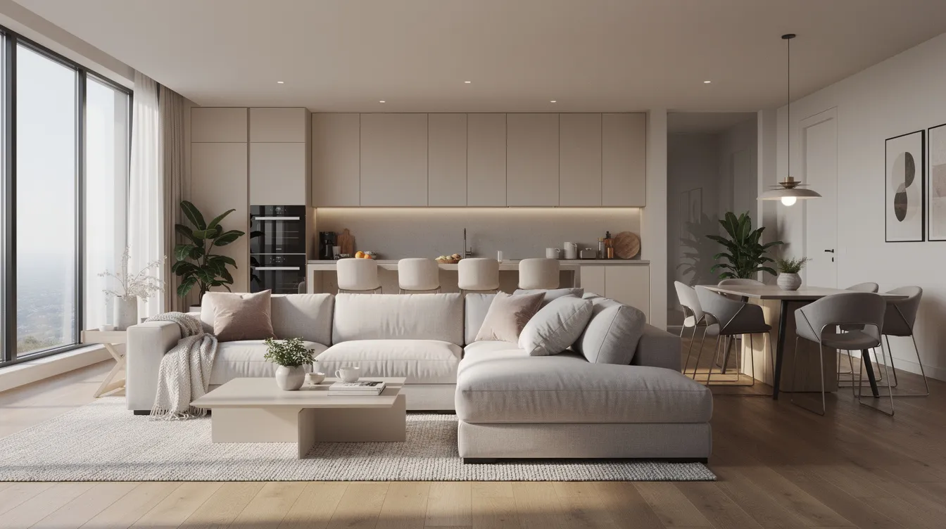 The image shows an open-plan living and dining area featuring a large corner sofa that serves as a stylish room divider, with a kitchen visible in the background. The corner sofa, designed for comfort and versatility, creates a cozy seating area while enhancing the modern living space.