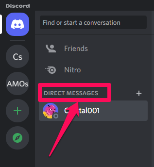 Closeup picture showing the Direct Messages tab on Discord