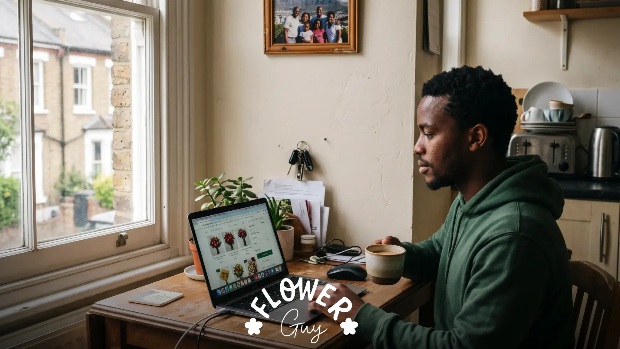 South African expat ordering happy birthday flowers online for someone far away from London apartment