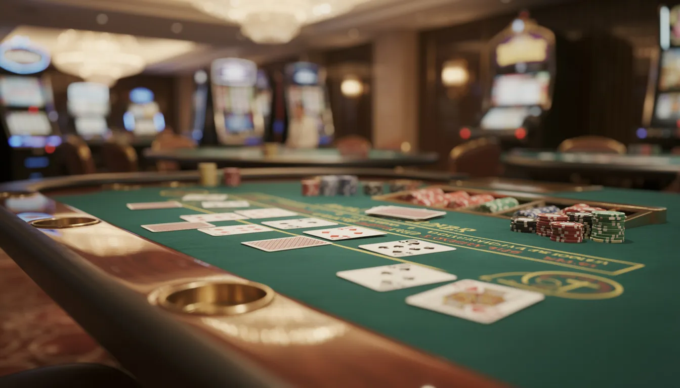 En bild av ett casinobord med kort och marker i mjukt ljus, vilket skapar en inbjudande atmosfär för spelare som vill börja spela. Denna miljö påminner om en live casino-upplevelse där man kan njuta av olika casinospel hos Bertil.