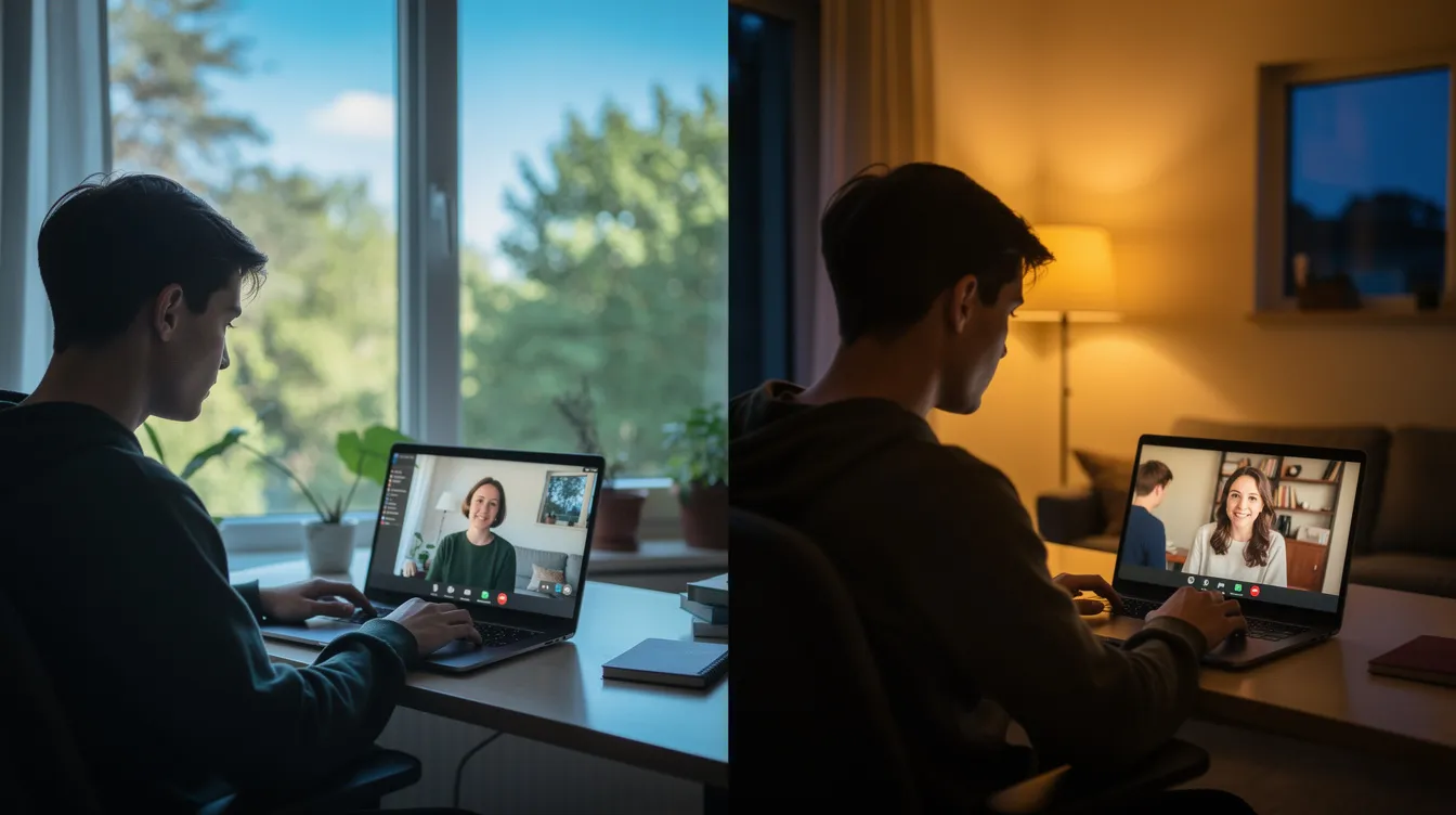The image shows two people engaged in a video call from different rooms; one is illuminated by daylight, suggesting it's morning in their location, while the other is surrounded by evening lighting, indicating it's night time. This scene reflects the time difference and multiple time zones between Australia and the United Kingdom, highlighting the contrast of local time in Sydney and London.
