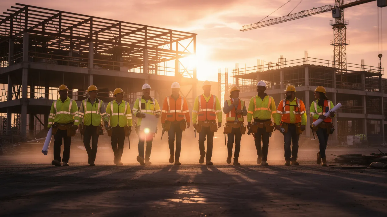 A diverse group of construction workers, including women and men, walk side by side across a commercial building site at sunrise, showcasing the growing presence of women in construction trades. This scene highlights the importance of apprenticeship programs and skilled trades in workforce development and career advancement opportunities in the construction industry.