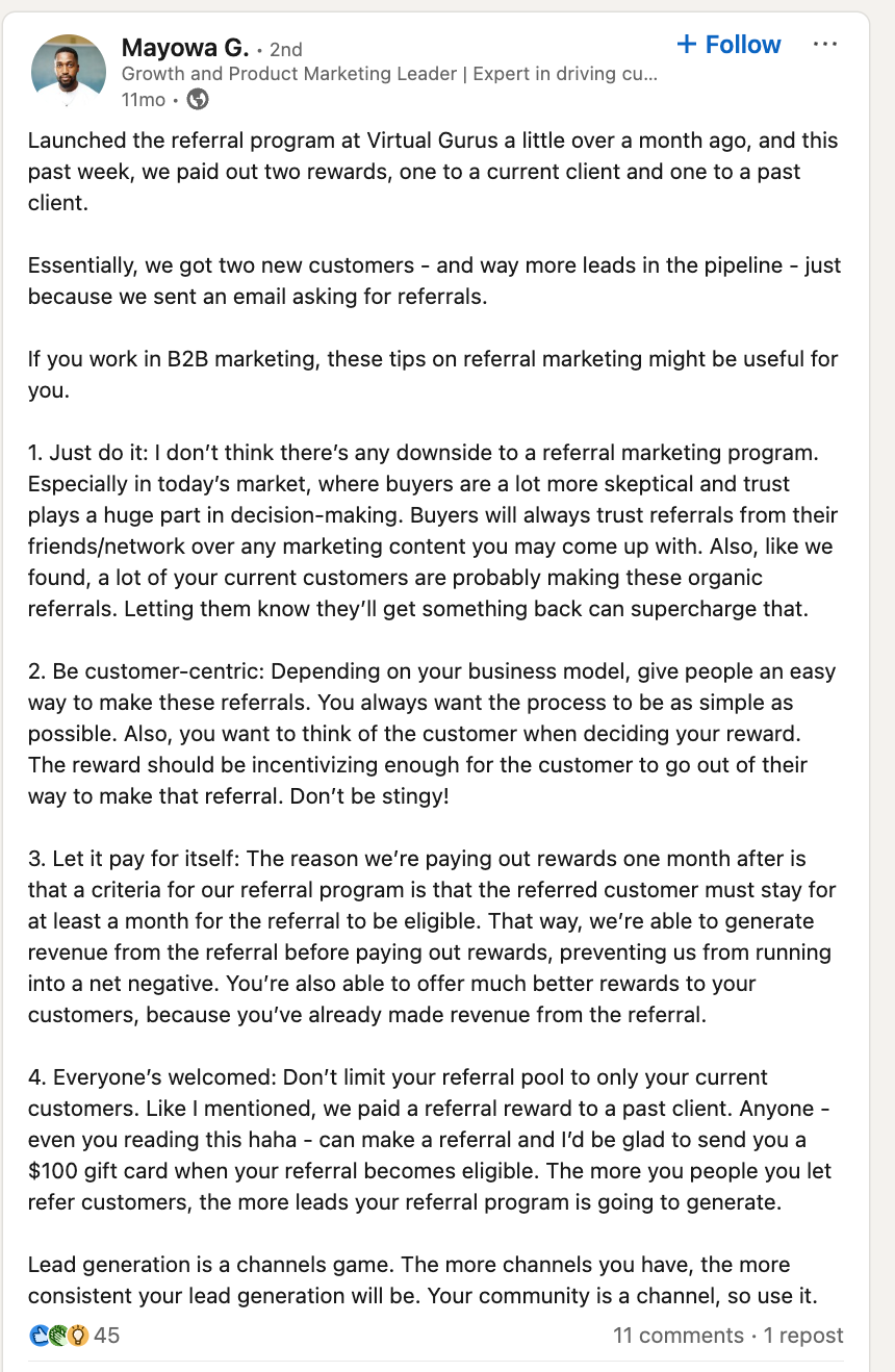 LinkedIn post showing referral program results