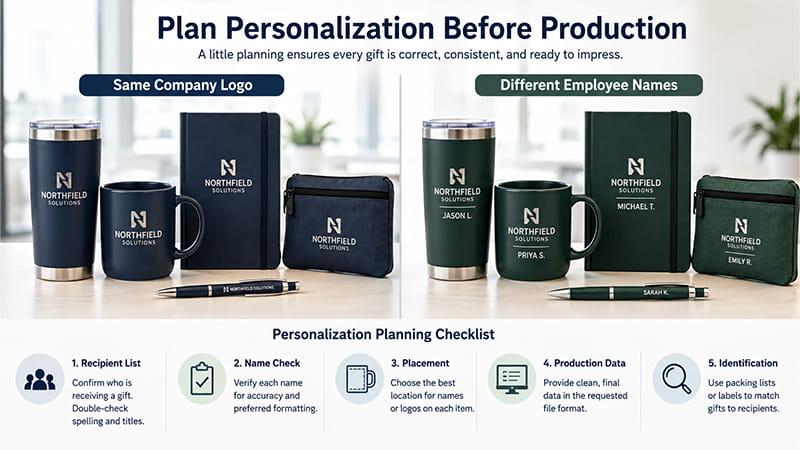 Name personalization planning for employee gifts comparing one company logo with different employee names before production