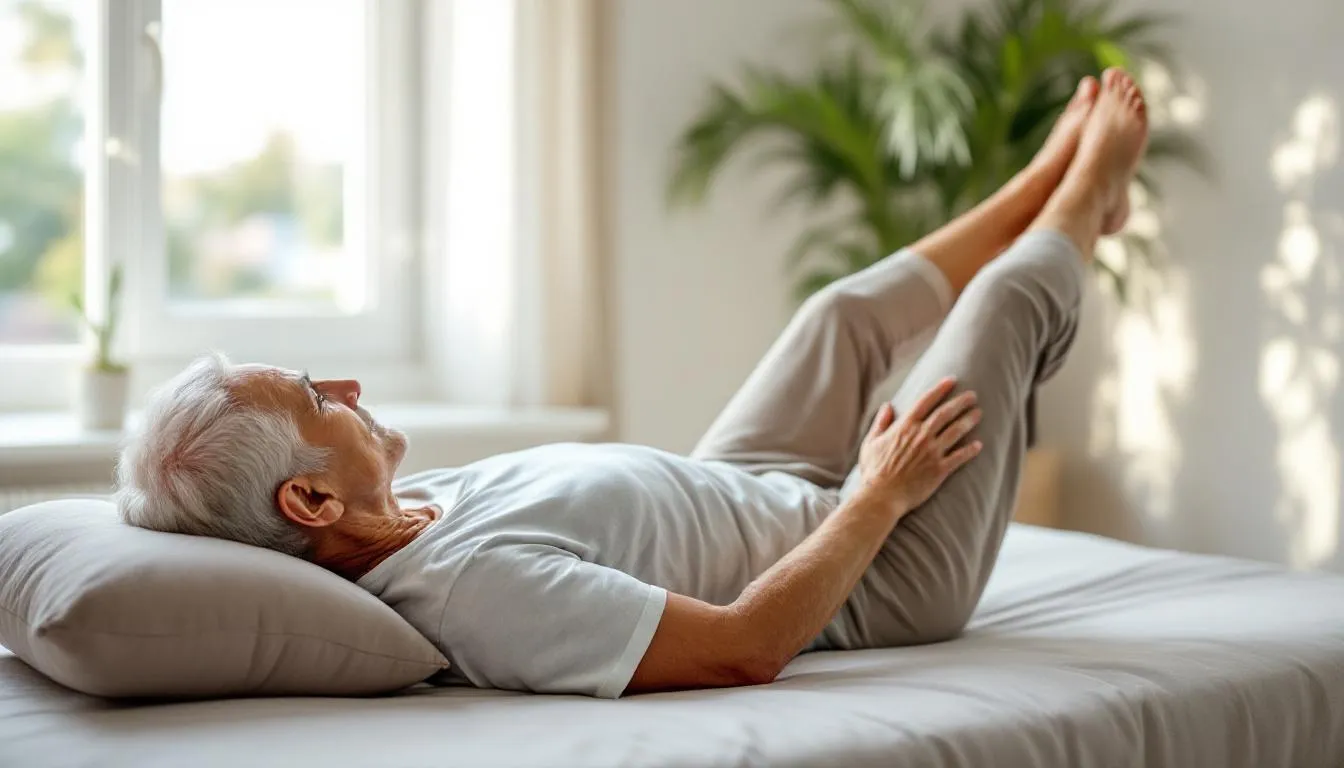 An elderly person is comfortably positioned on a bed, performing gentle pilates exercises such as the pelvic curl and single leg stretch, promoting relaxation and proper body alignment. The scene highlights mindful movement and core strength, showcasing a safe and accessible way to enhance flexibility and improve sleep quality.