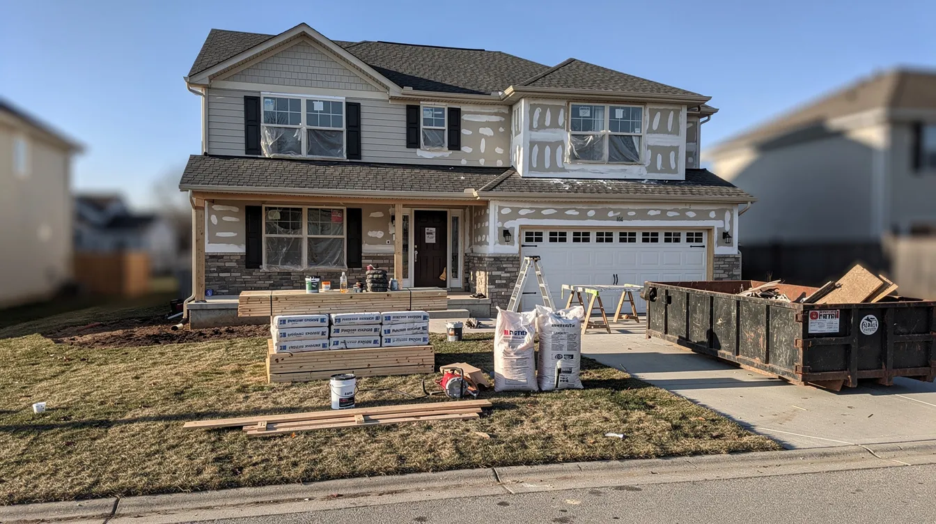 The image shows a residential property undergoing renovation, with various construction materials such as lumber and tools scattered in the driveway. This scene reflects the potential for homeowners to utilize a home equity loan or line of credit to finance home improvements and repairs.