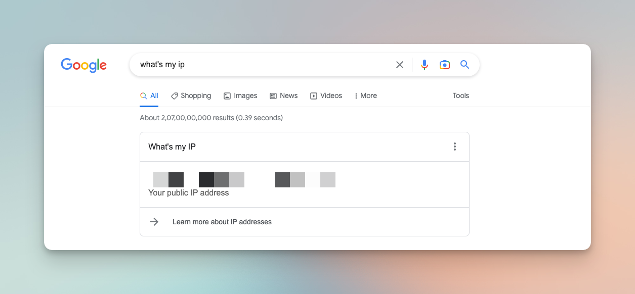 Remote.tools showing the Google search result of What is my IP?