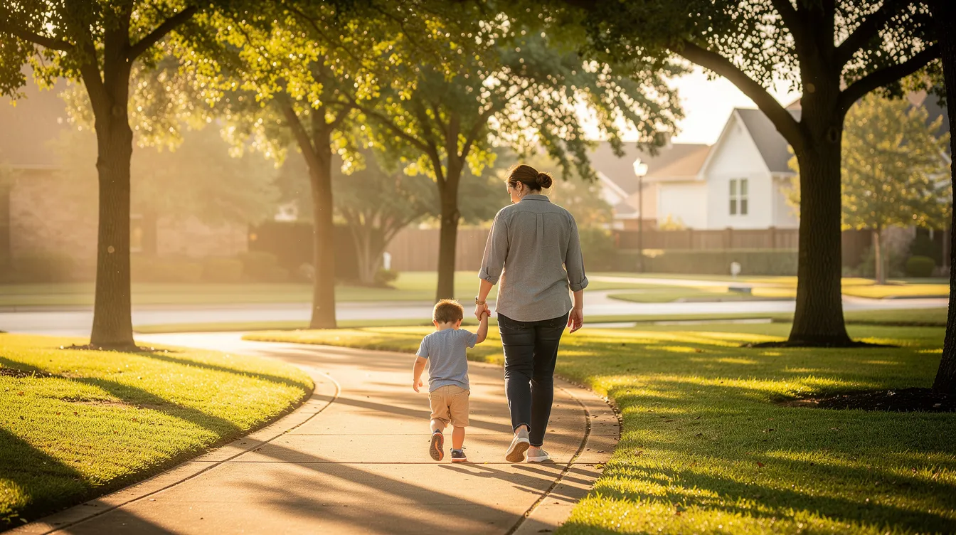A warm image depicts a parent and child strolling together in a Dallas neighborhood park, bathed in soft morning light, symbolizing the nurturing bond that is crucial in child custody cases and family law matters. This scene reflects the importance of a child's best interests and the supportive environment that family lawyers aim to create during legal processes.