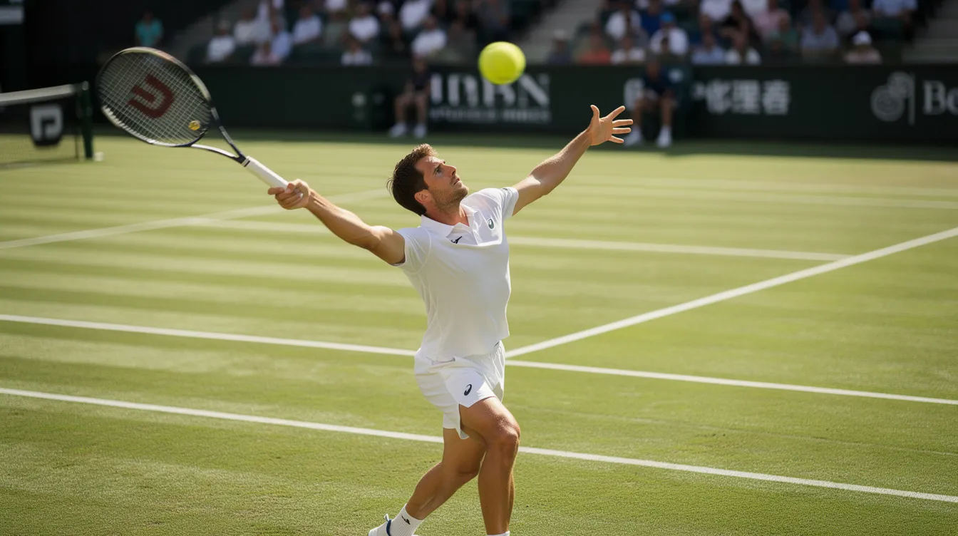 A right-handed tennis player is executing a powerful one-handed backhand shot on a grass court, with their left arm extended and high follow-through, demonstrating control and stability in their swing. The player's dominant hand grips the racquet firmly as they prepare to make contact with the ball, showcasing a classic technique often emphasized by tennis coaches.
