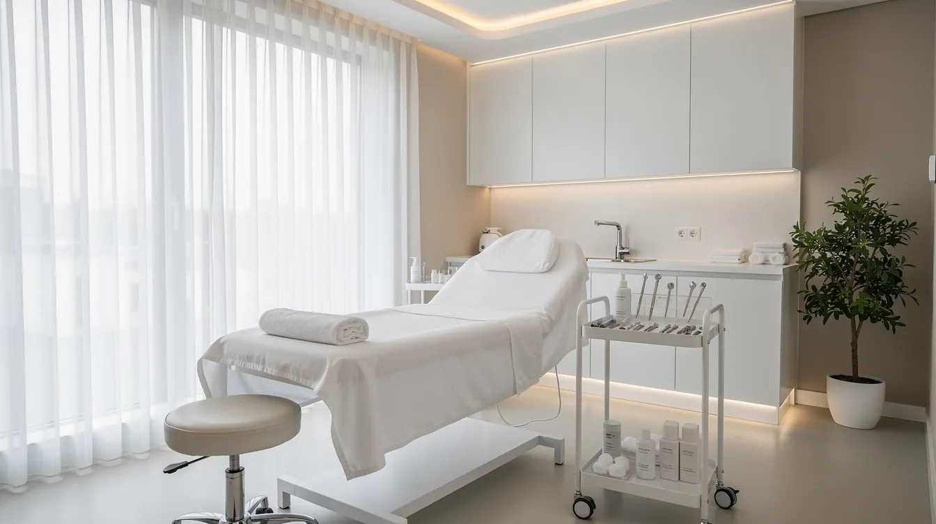 The image depicts a serene and modern treatment room, meticulously arranged for advanced cosmetic procedures like the revolutionary endolift laser treatment. The space is equipped with cutting-edge technology aimed at minimally invasive laser treatments, ensuring a comfortable environment for patients seeking skin tightening and fat reduction with minimal downtime.