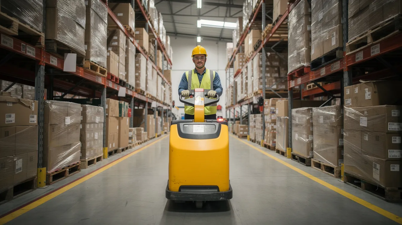 A warehouse worker is seen operating heavy equipment within a bustling distribution center, showcasing the job duties involved in managing inventory and logistics. This environment highlights the importance of workplace safety and the potential for workplace injuries, emphasizing the need for workers' compensation benefits and legal representation for injured workers.