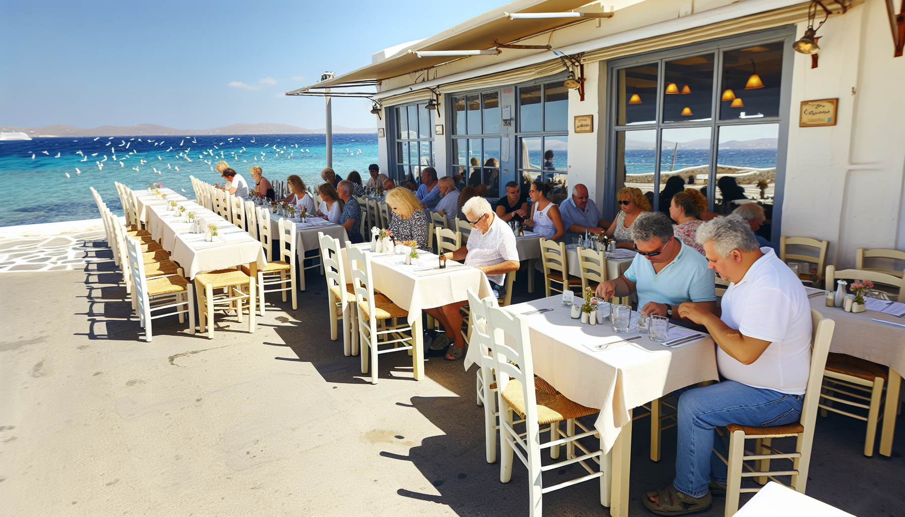 Oceanfront Greek restaurant with a view of the sea and outdoor seating