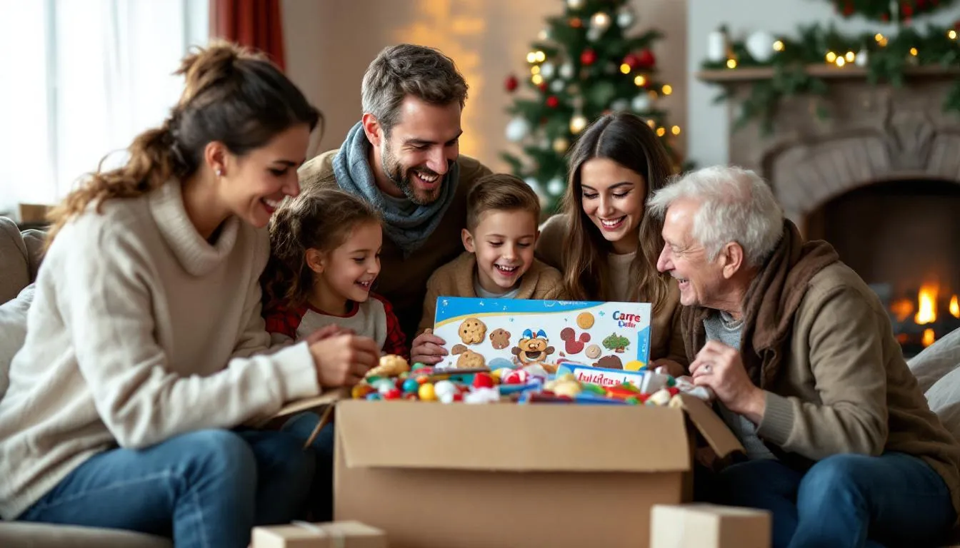 A happy family is gathered around a colorful care package filled with games, gourmet foods, and holiday treats, spreading holiday cheer. The scene captures the joy of gift giving during the holiday season, as each family member enjoys the assortment of snacks and fun items.