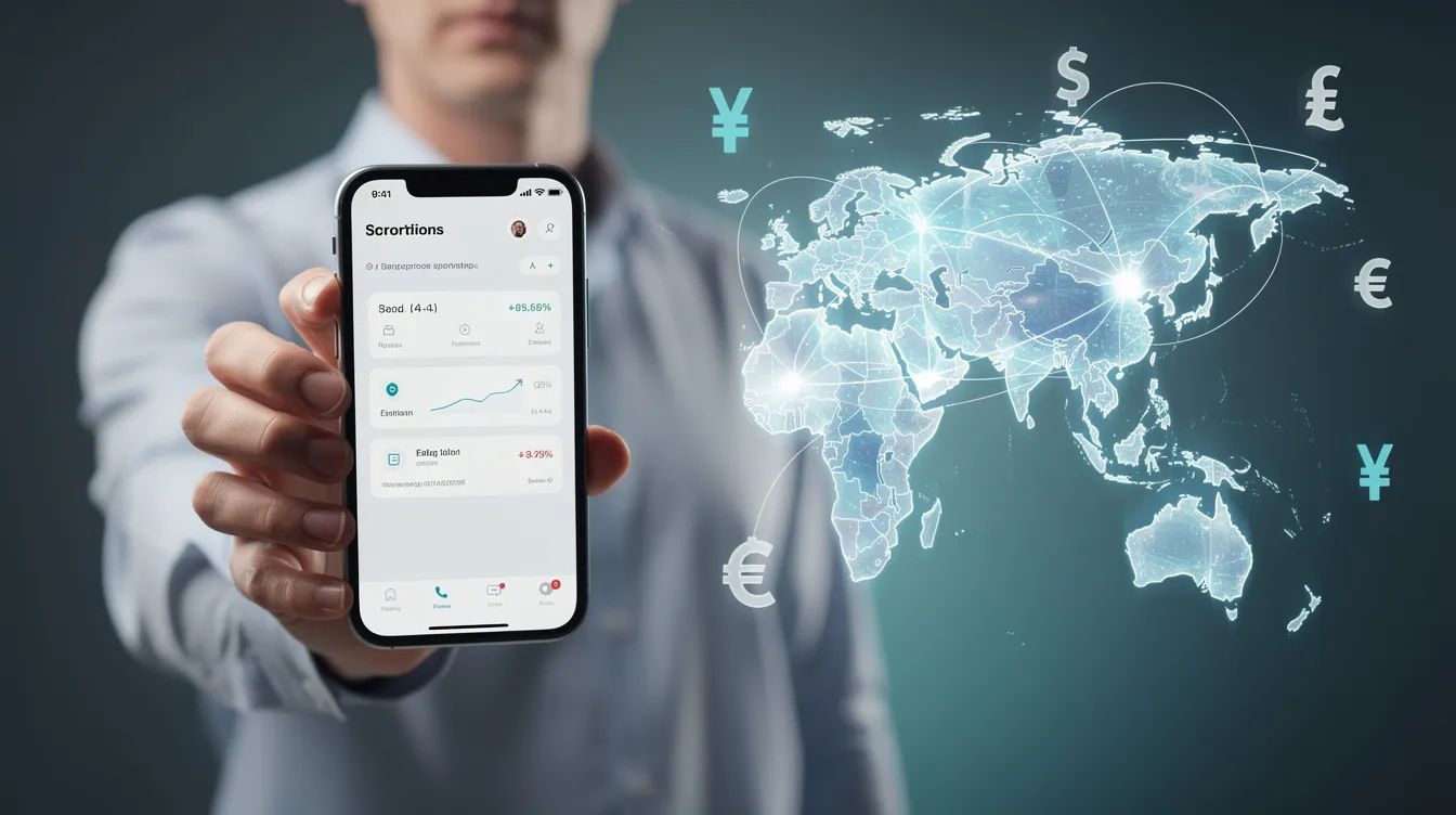 The image depicts a person holding a smartphone displaying a global map, surrounded by various currency symbols, symbolizing the concept of multi-currency accounts and international payments. This visual emphasizes the importance of payment solutions like Payoneer and Revolut for managing financial transactions across multiple currencies.