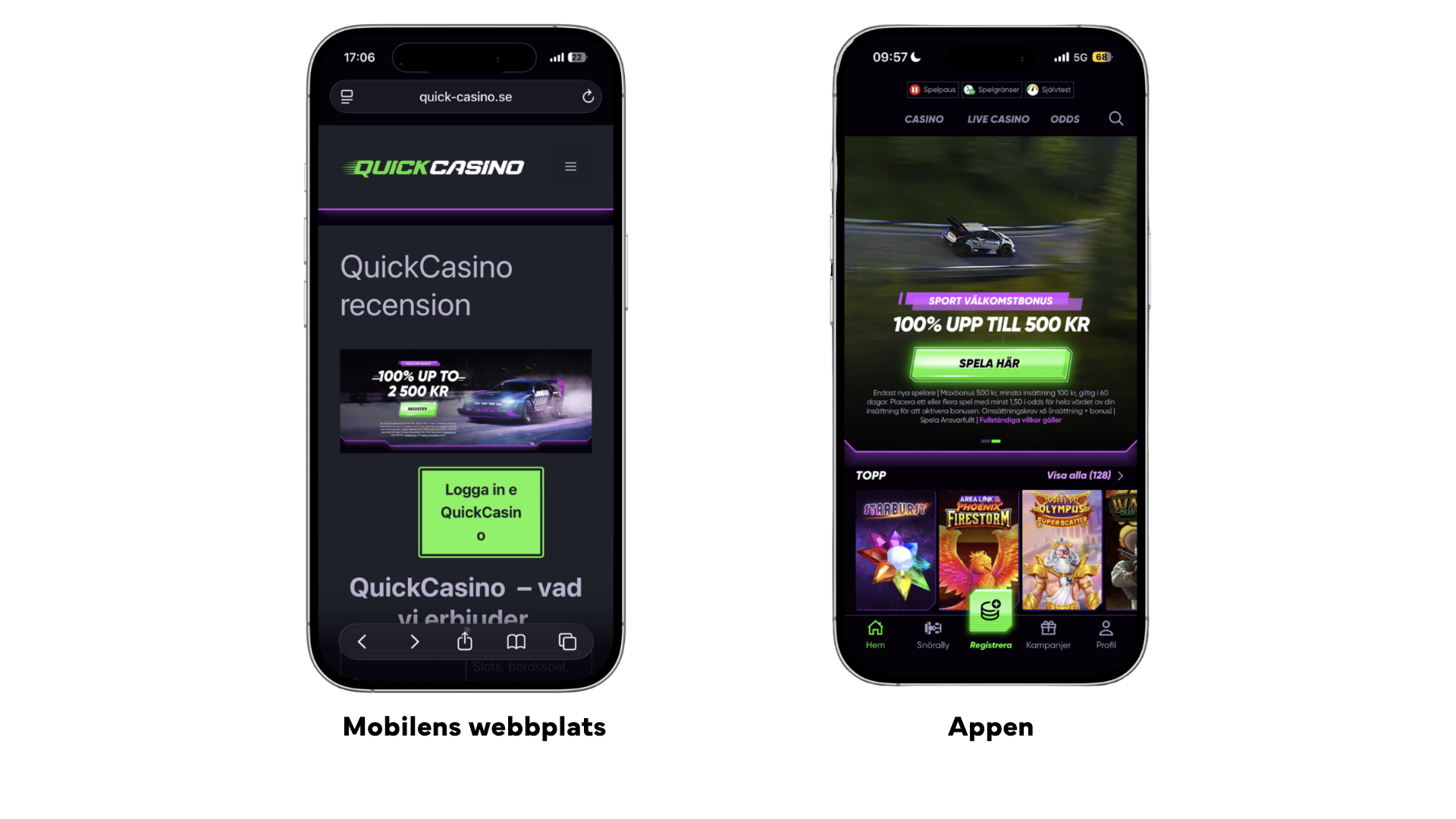 Mobilversion: Jämförelse av Quick Casinos mobilversion med startsida, välkomstbonus och casinospel anpassade för mobilen.