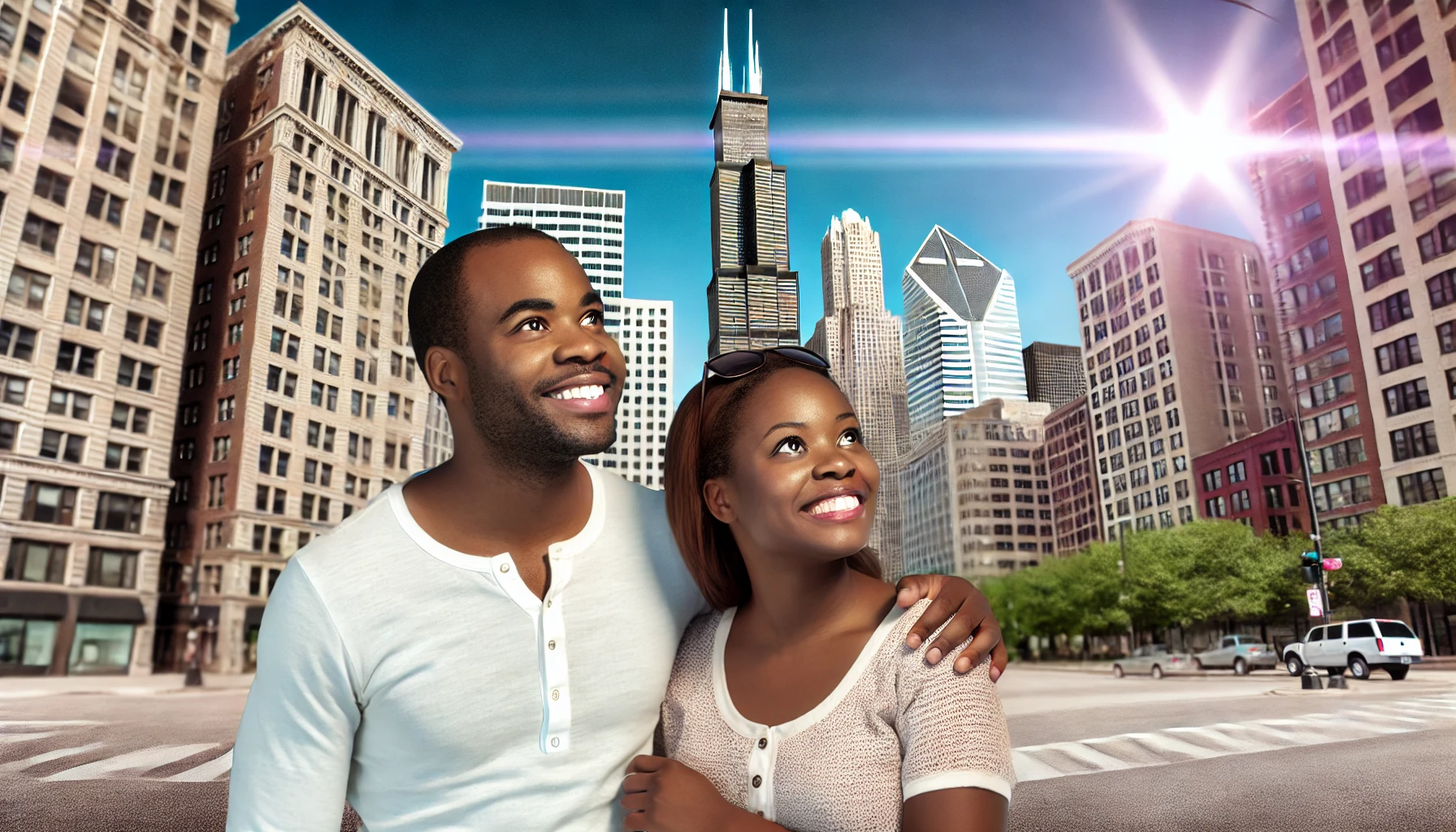 a couple standing together in city downtown 