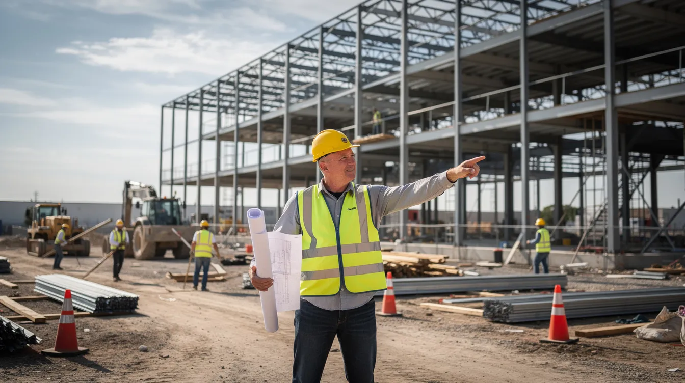 A construction crew leader wearing a hard hat is directing skilled workers at a large commercial building site, where steel framing is prominently visible in the background. This scene highlights the importance of effective leadership and workforce development in the construction industry.