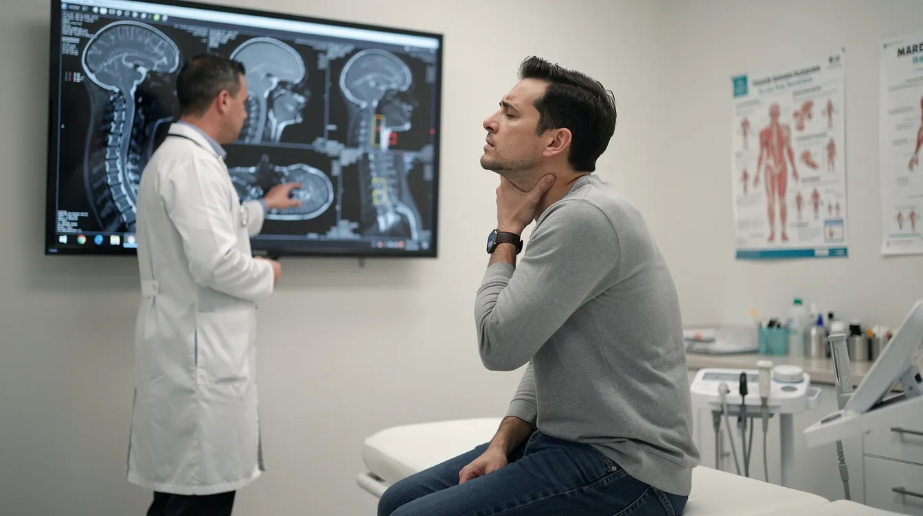 A person is sitting in a doctor's office, visibly uncomfortable as they hold their neck, while a physician examines medical imaging on a screen. This scene highlights the importance of seeking medical attention for personal injuries, as understanding the nature of such injuries can be crucial for any potential legal claims related to medical malpractice or accident claims.
