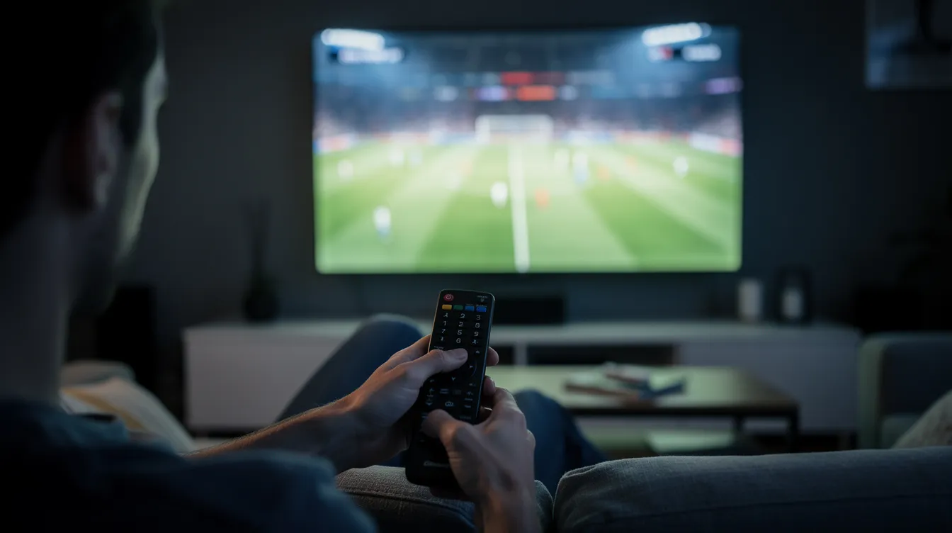 A person is sitting in a dark room, holding a TV remote and watching a sports match on a large screen, showcasing the excitement of live sports coverage. This scene highlights the appeal of IPTV services for sports fans, offering access to extensive sports channels and high-quality streaming.