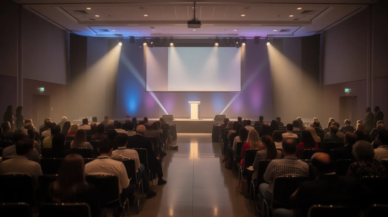 De afbeelding toont een conferentiezaal gevuld met publiek, waarbij de podiumverlichting het gezelschap in een warme gloed zet. Op het podium staat een spreker, mogelijk verbonden aan de organisatie Frontrunners Ministries, die zijn boodschap deelt met de aanwezigen in de christelijke gemeenschap.