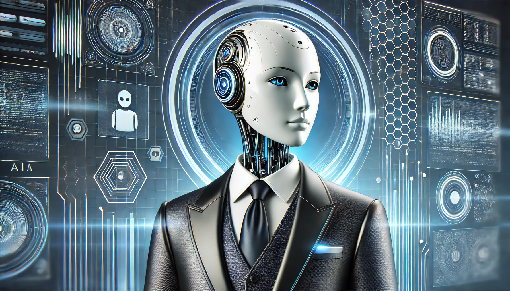 High-quality image featuring sophisticated virtual chatbots and virtual assistants, represented by digital, futuristic avatars with an elegant design. The tech-inspired background includes modern and sleek elements in blue, silver, and white, highlighting the advanced nature of AI technology.