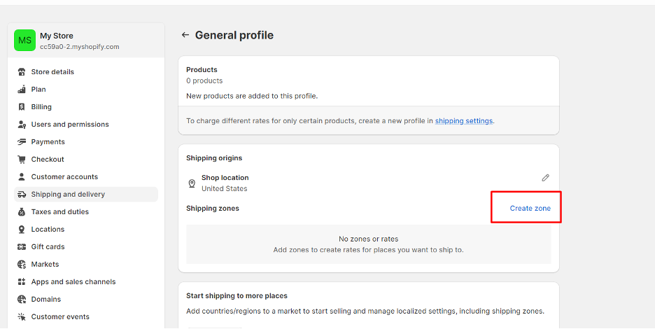 Shopify dashboard - Shipping and delivery settings - Creating a new zone