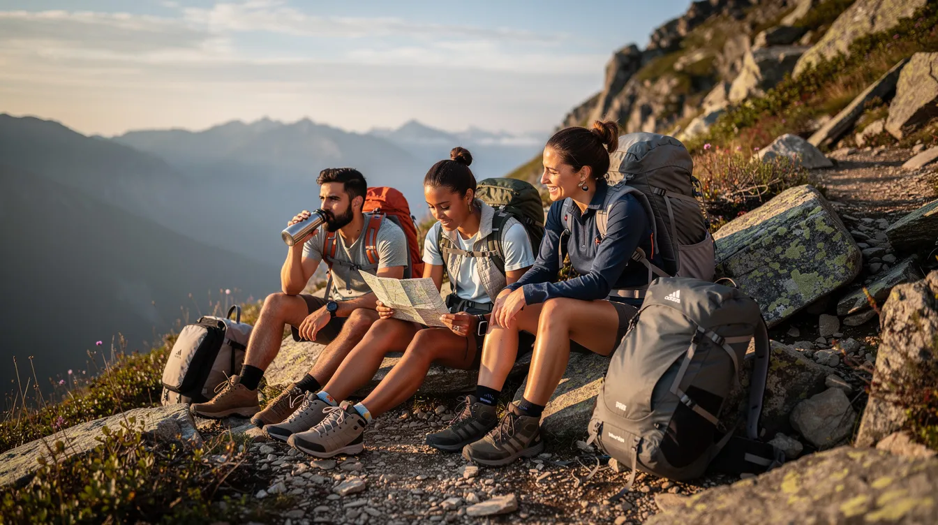A group of hikers is resting on a rocky mountain trail, each carrying compact backpacks, surrounded by stunning views of the Atlas Mountains. As they take a break, it's essential for travelers to consider their health needs, such as bringing prescription medication and a basic first aid kit, especially when exploring remote areas.