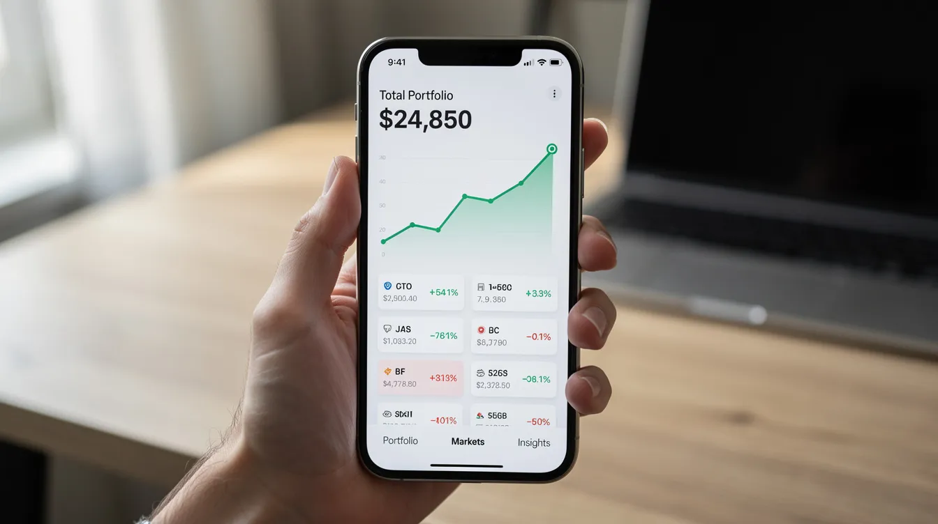 The image shows a mobile phone displaying the interface of an investment app, featuring options for managing savings accounts, brokerage accounts, and monitoring investments. This platform is designed for both experienced investors and new account holders, providing tools to trade stocks, manage portfolios, and stay updated with market news.