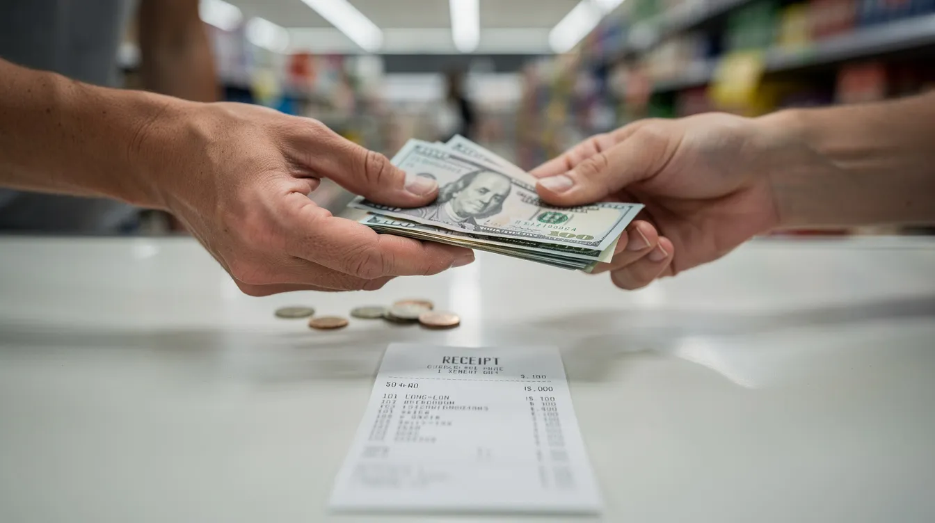 The image shows a pair of hands exchanging cash at a retail counter, with a receipt prominently displayed, indicating a transaction that could involve personal loans or pawnshop loans. This scene highlights the quick cash services often offered by pawn shops, catering to various financial needs.