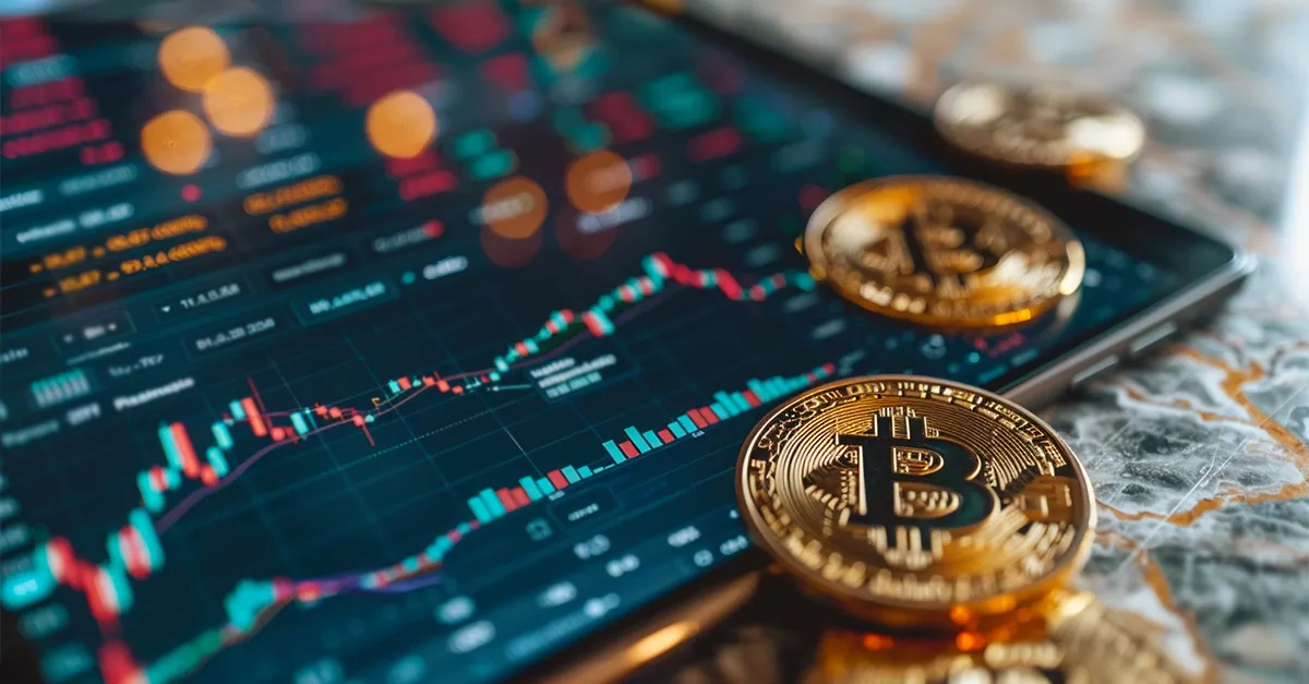 عملات بيتكوين ذهبية موضوعة على طاولة بجانب جهاز لوحي يعرض مخططات وأسعار العملات الرقمية في سوق التداول