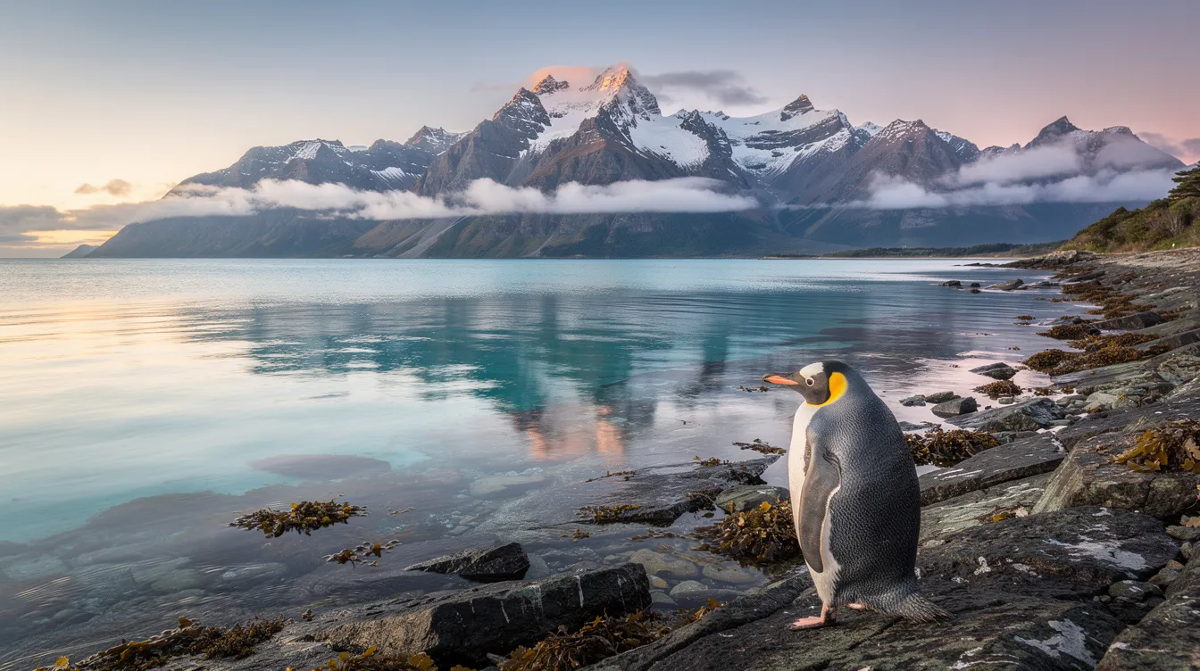 The image depicts a stunning coastal landscape in New Zealand, featuring snow-capped mountains mirrored in turquoise waters, with a yellow-eyed penguin standing on a rocky shore, showcasing the country's natural beauty and unique marine life. This scene reflects the cultural heritage of New Zealand, often celebrated in the designs of its beautiful banknotes.