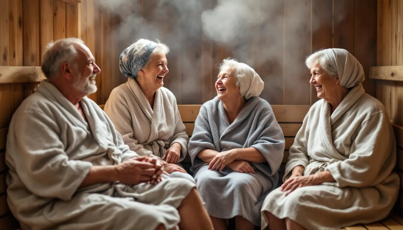 A group of elderly individuals is enjoying a sauna session in a traditional Finnish sauna, surrounded by warm wooden benches and a sauna heater. They are engaging in heat therapy, which can promote relaxation and potentially provide health benefits for seniors, particularly in improving blood flow and cardiovascular function.