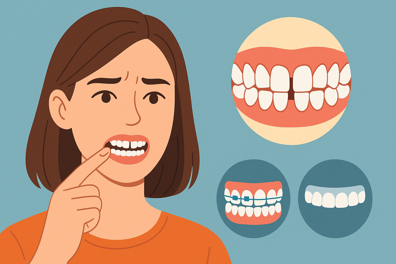 En kvinne peker på mellomrom mellom tennene, med illustrasjoner av tannregulering og usynlige skinner som viser behandlingsalternativer. mellomrom mellom tennene mellomrom mellom tenner mellomrom mellom fortennene lukke mellomrom tennene mellomrom tenner dine mellomrommet tannlege tannlegen tannregulering hos behandling mer fasetter fortennene lukke kroner mindre ønsker brukes gjør trenger regulering diastema redusere naturlige gjøre fyllinger tannleger tann andre store fjerne ulike stort tid holde naturlig gir dag finnes hjelpe dekke kontakt likevel vurdering