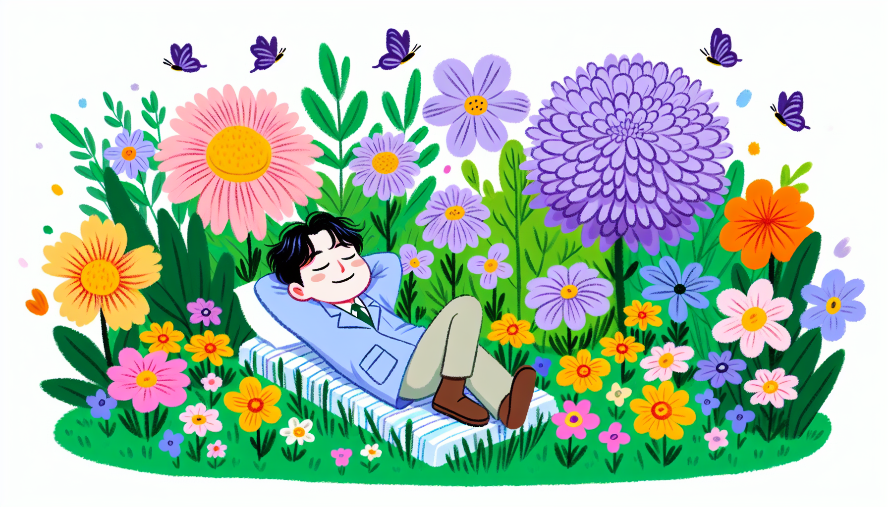 An artist's impression of a person relaxed and surrounded by HHCP flowers.