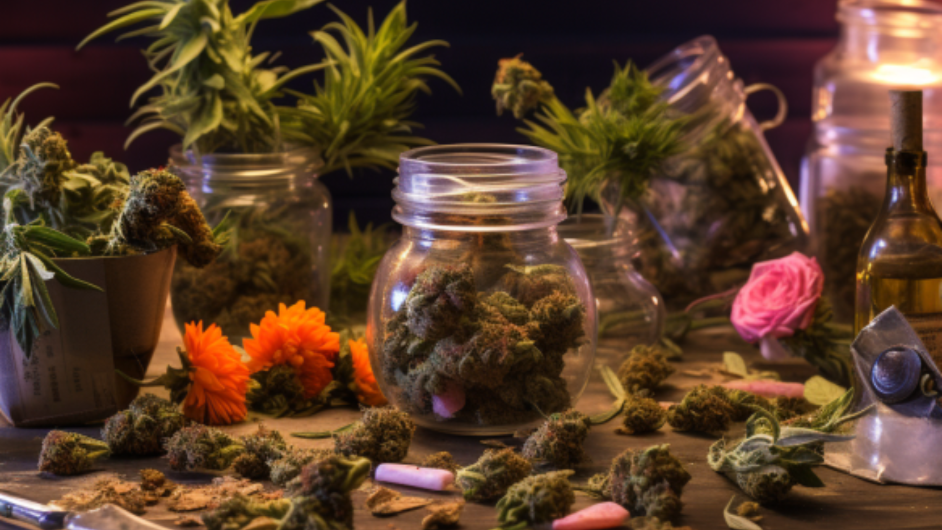 a table full of cannabis plants and flowers and nugs