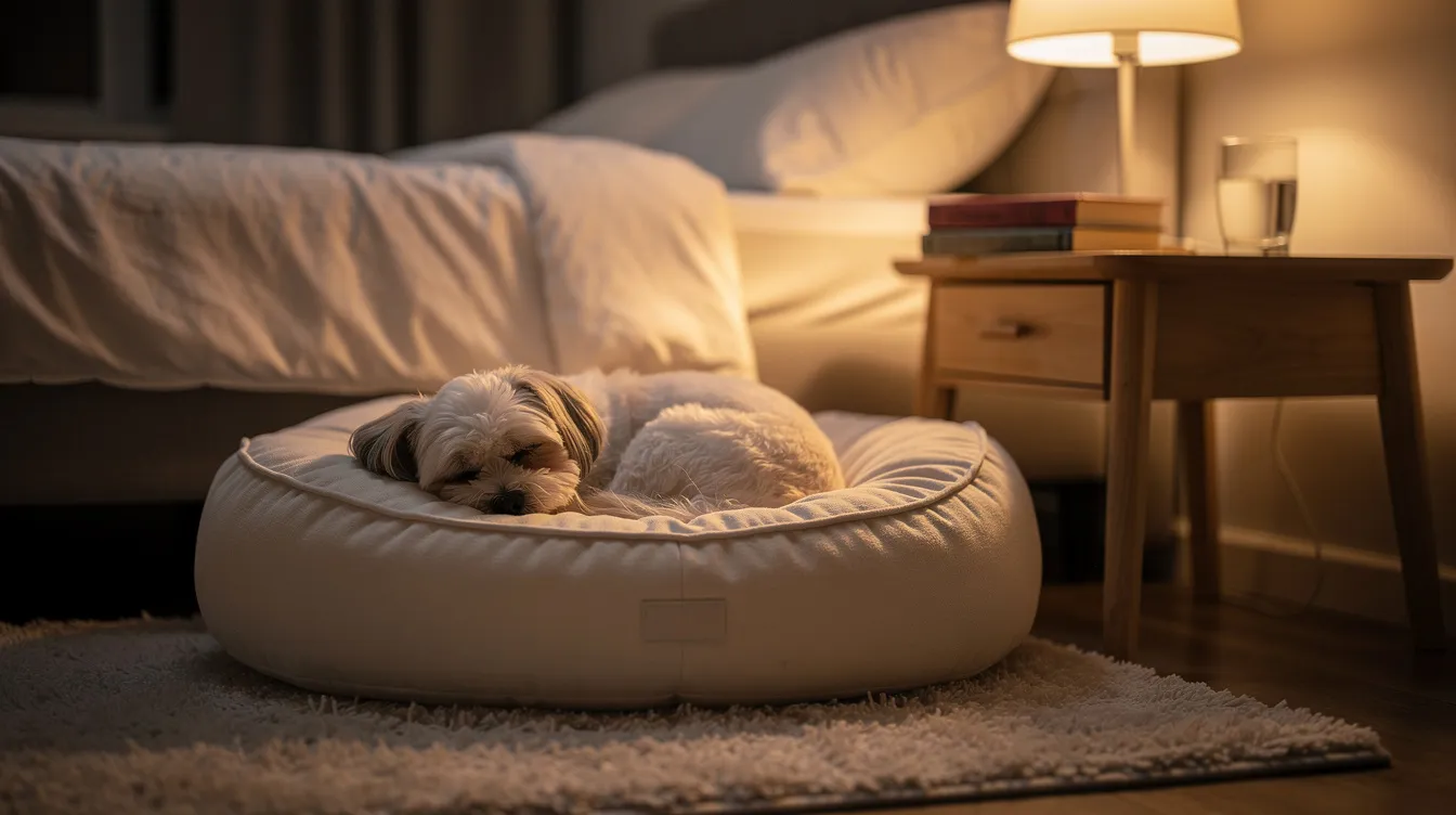 A small fluffy dog is peacefully curled up in a cream-coloured donut-style calming dog bed next to a nightstand, enjoying a restful sleep. This plush dog bed provides the perfect comfort and support for anxious pups, ensuring they feel safe and secure.