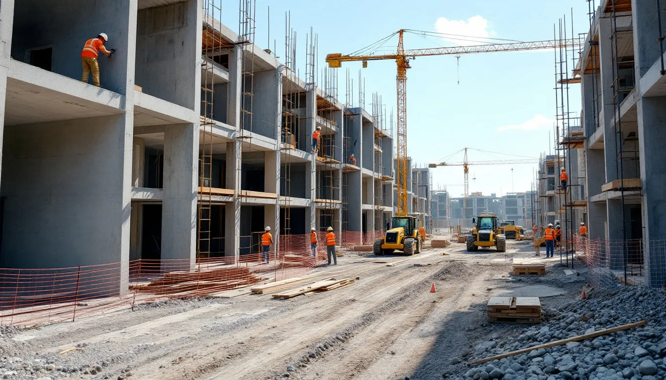 <div>Um canteiro de obras de um empreendimento residencial em desenvolvimento, com máquinas pesadas e trabalhadores, onde estão sendo realizadas atividades de construção e avaliação imobiliária. O cenário inclui materiais de construção e estruturas em andamento, refletindo o processo de incorporação imobiliária e a viabilidade técnica econômica do projeto.</div>
