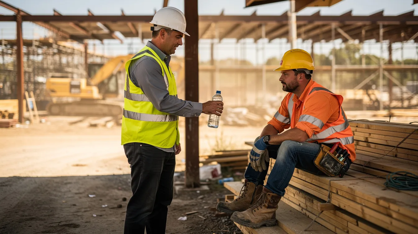 A construction supervisor is providing a water bottle to a crew member resting in a shaded area on a jobsite, emphasizing the importance of heat illness prevention and ensuring workers stay hydrated to avoid heat stress. This scene highlights the commitment to occupational safety and protecting workers during hot weather conditions.
