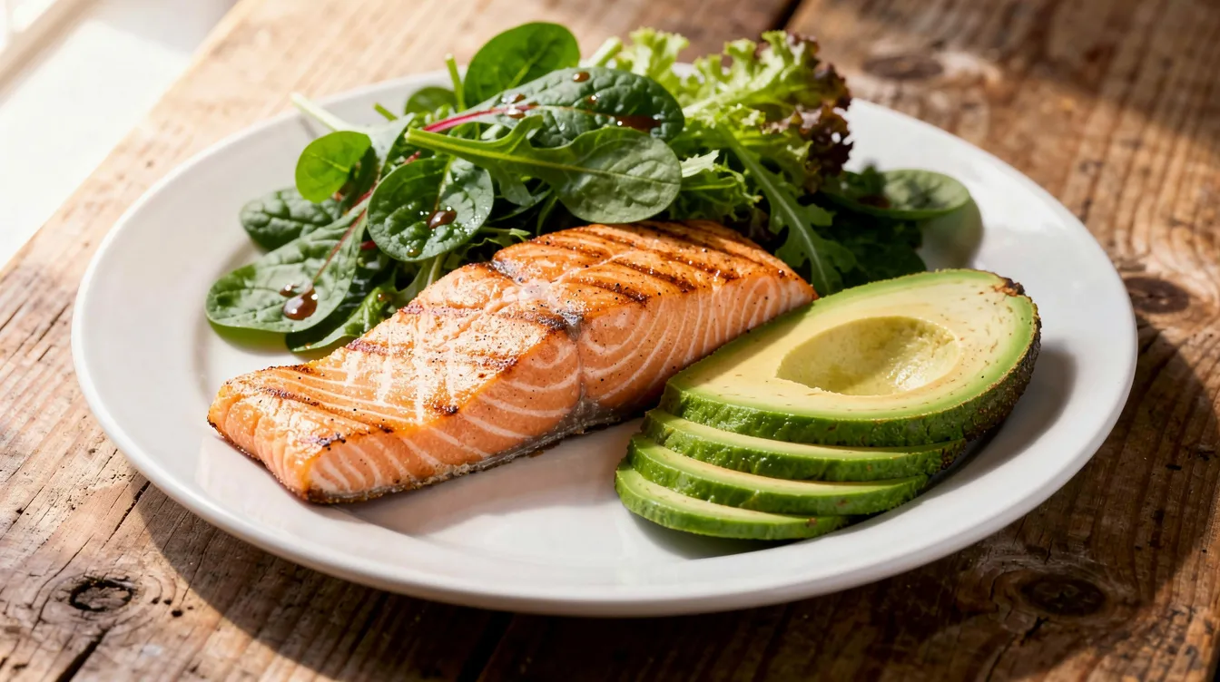 The image features a healthy meal plate showcasing grilled salmon, creamy avocado, and vibrant leafy greens, beautifully arranged on a rustic wooden table. This nutritious dish emphasizes healthy fats, which are beneficial for overall well-being and could support recovery processes like those following a Brazilian butt lift procedure.