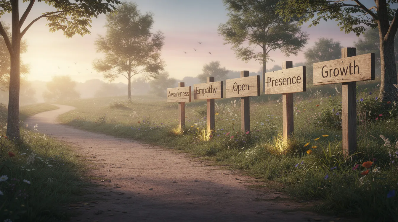 The image depicts a serene pathway winding through a peaceful landscape, lined with signposts that symbolize growth and the journey towards empathetic leadership. This hopeful scene reflects the importance of emotional intelligence and self-awareness in developing deeper understanding and positive relationships among team members.