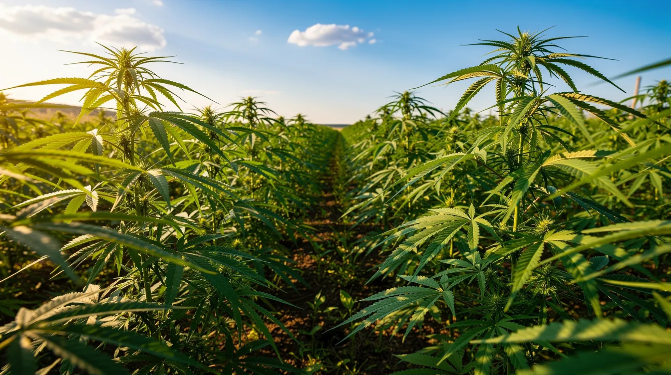 The image depicts lush green hemp plants thriving in a field under a clear blue sky, symbolizing the growth of legalized hemp cultivation in New Mexico. These cannabis sativa plants are part of the hemp manufacturing act, which allows for the production of hemp-derived products and cannabinoids.