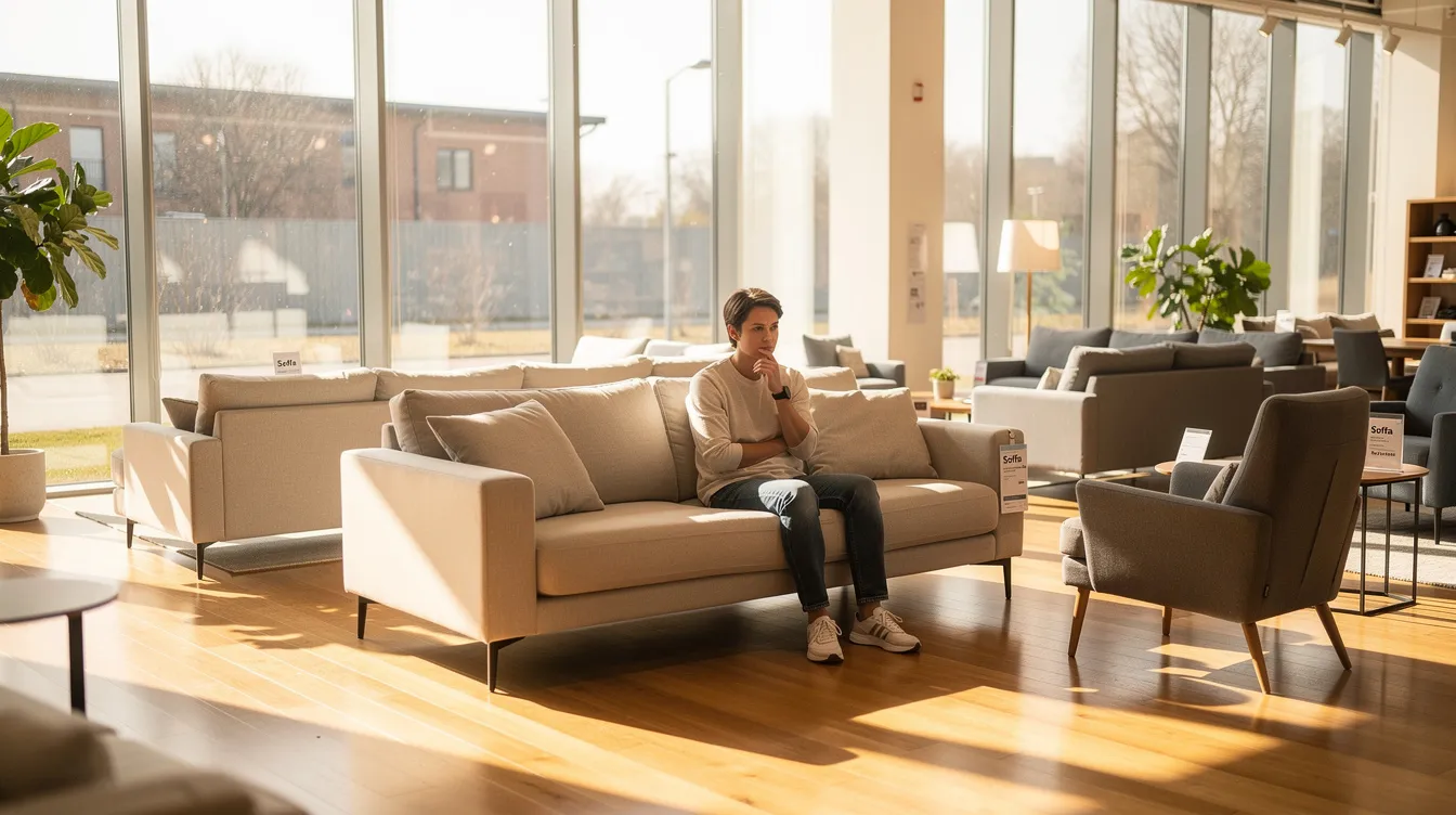 En person sitter och provar en ljus soffa i ett soligt möbelshowroom, omgiven av olika möbler och inredning. Rummet är fyllt med färger och textilier som skapar en inbjudande atmosfär.