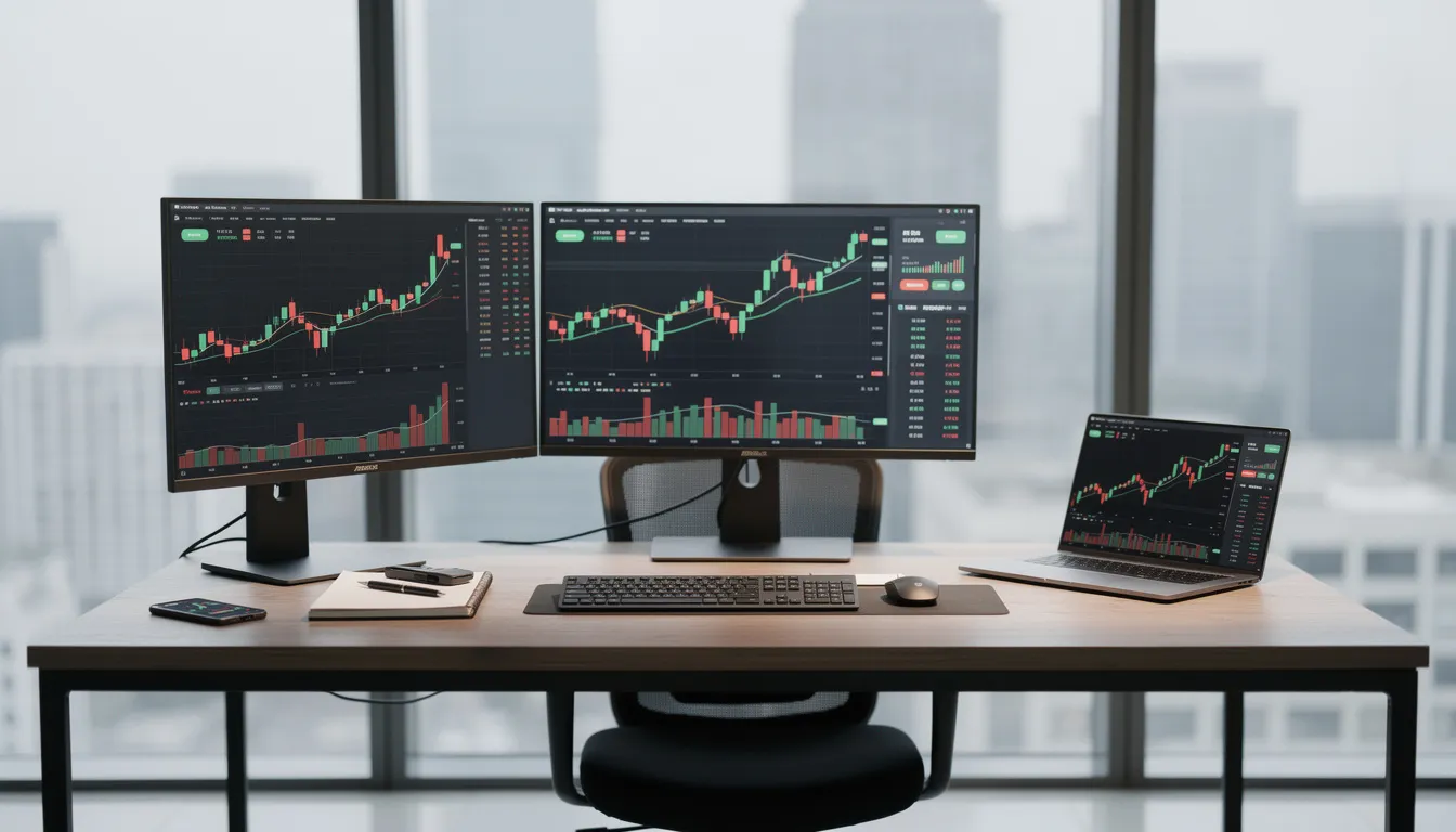 The image depicts a modern office workspace featuring multiple computer monitors that display various financial charts and graphs, highlighting elements of financial planning such as investment strategies and savings accounts. This setup suggests a focus on analyzing financial goals and progress in personal financial management.