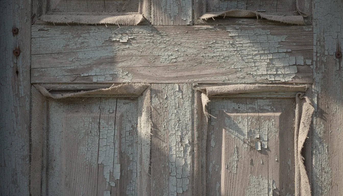 The image depicts a weathered wooden front door with cracked paint and worn weather stripping, symbolizing how neglecting small details can lead to losing money each month. This visual serves as a reminder to pay attention to your financial situation and take control of your budget to protect your future.