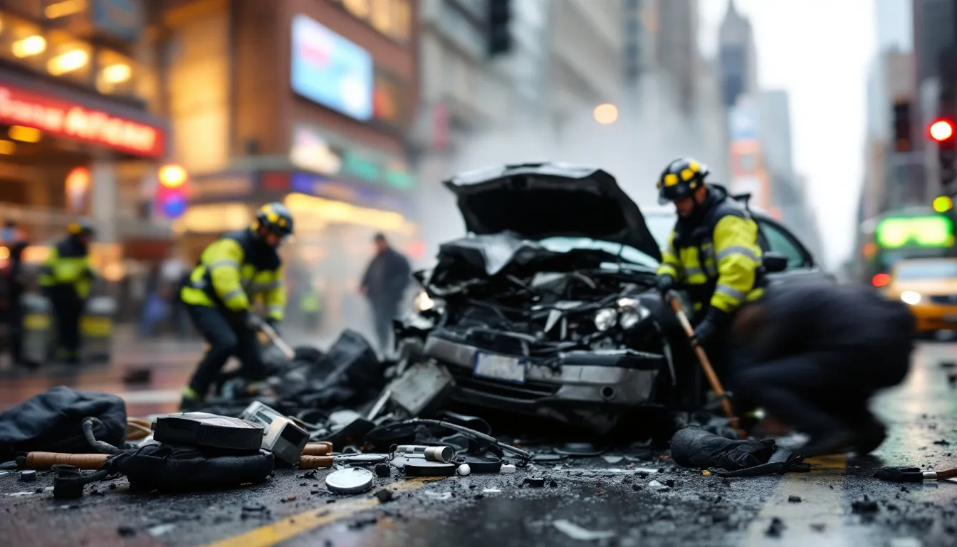 A blurred image of a car accident scene with emergency responders present, highlighting the importance of hiring an aurora car accident lawyer.