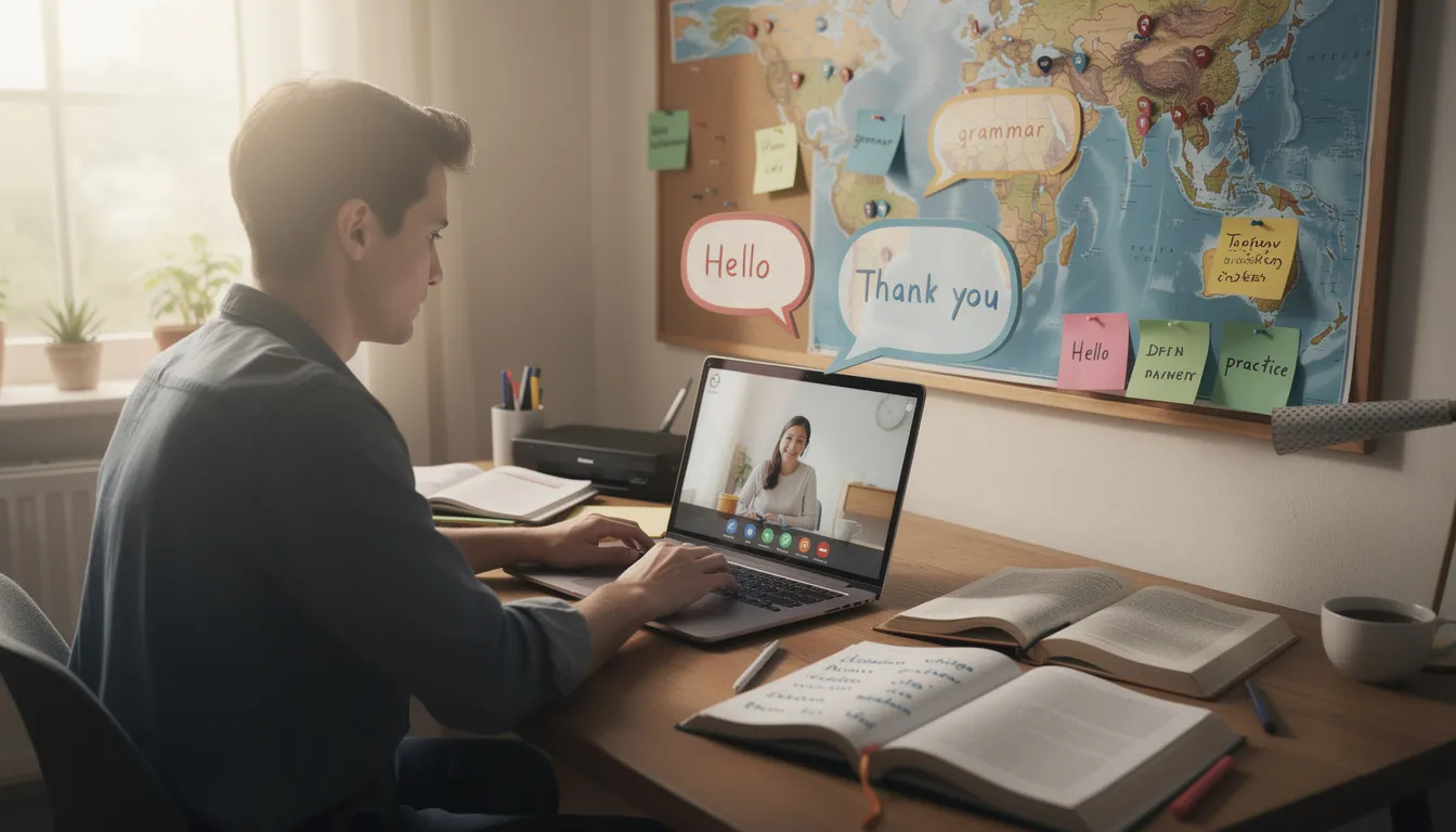 Das Bild zeigt eine Nachhilfestunde, in der ein Nachhilfelehrer mit einem Schüler an einem Tisch sitzt und gemeinsam Englisch lernt. Auf dem Tisch liegen Lernmaterialien und Bücher, die den Unterricht unterstützen und die Schülerhilfe fördern.