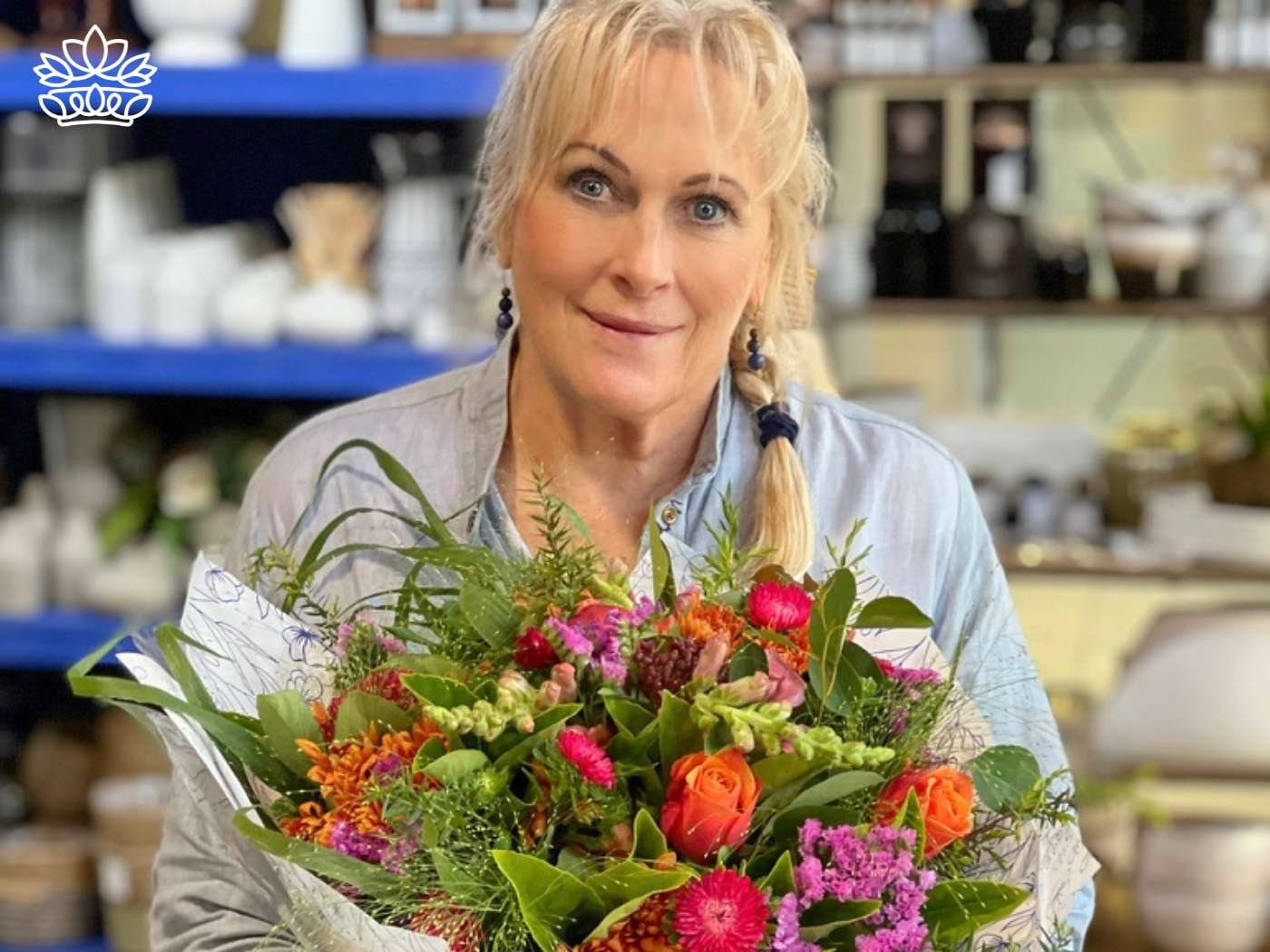 A cheerful woman with a bouquet of vivid, freshly arranged flowers, showcasing the quality and beauty of the floral arrangements crafted by Fabulous Flowers and Gifts.