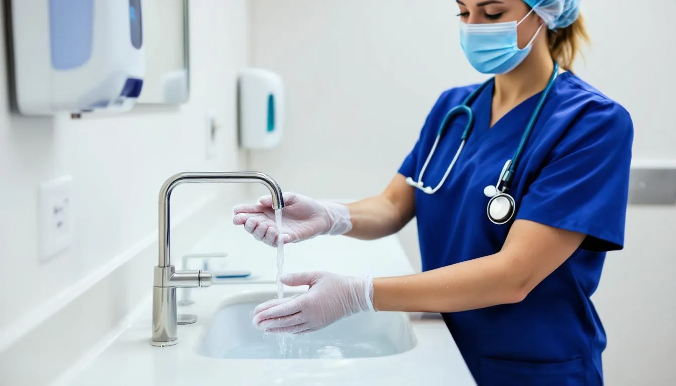A healthcare worker is demonstrating proper hand washing techniques at a sink, emphasizing the importance of hand hygiene in infection prevention and control within healthcare settings. This practice is crucial for reducing healthcare-associated infections and ensuring the safety of both patients and healthcare providers.